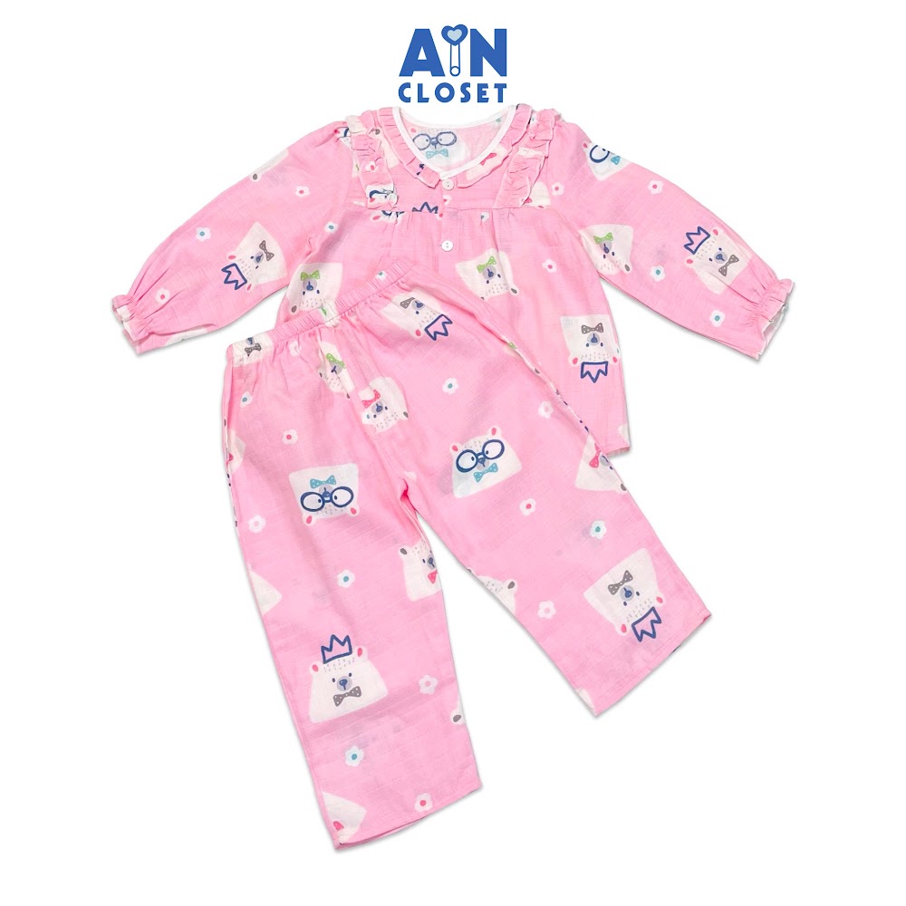 Bộ quần áo dài bé gái họa tiết Gấu Bắc Cực nền hồng xô sợi tre - AICDBGOR5M1I - AIN Closet
