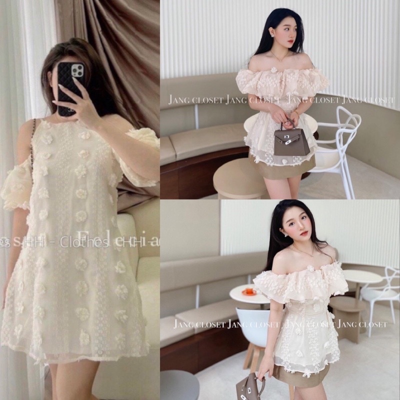 Áo yếm hở vai tay bồng set kèm chân váy vải hong bông