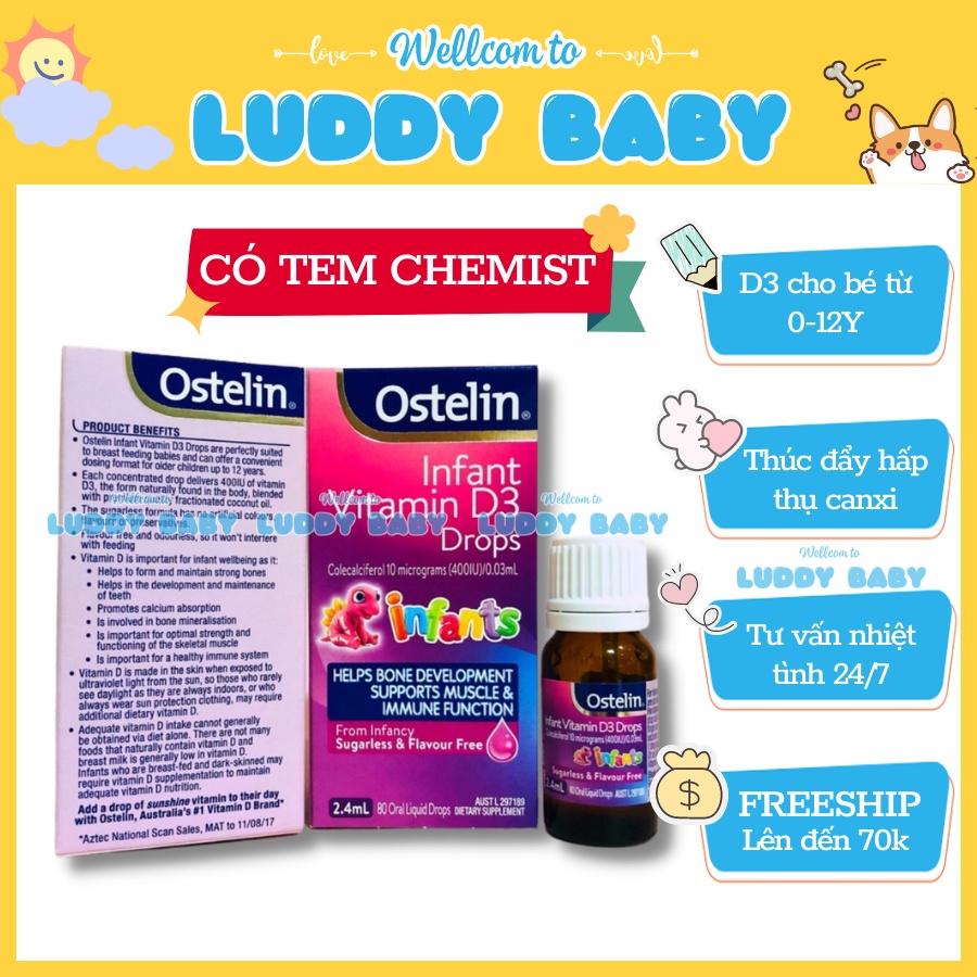 Ostelin Infant Vitamin D3 Drops Cho Trẻ Từ Sơ Sinh Đến 12 Tuổi - Có Tem Chemist Luddybaby