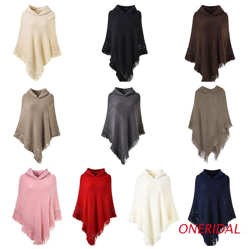 Áo choàng len dệt kim có mũ trùm đầu phối tua rua thời trang mùa đông cho nữ