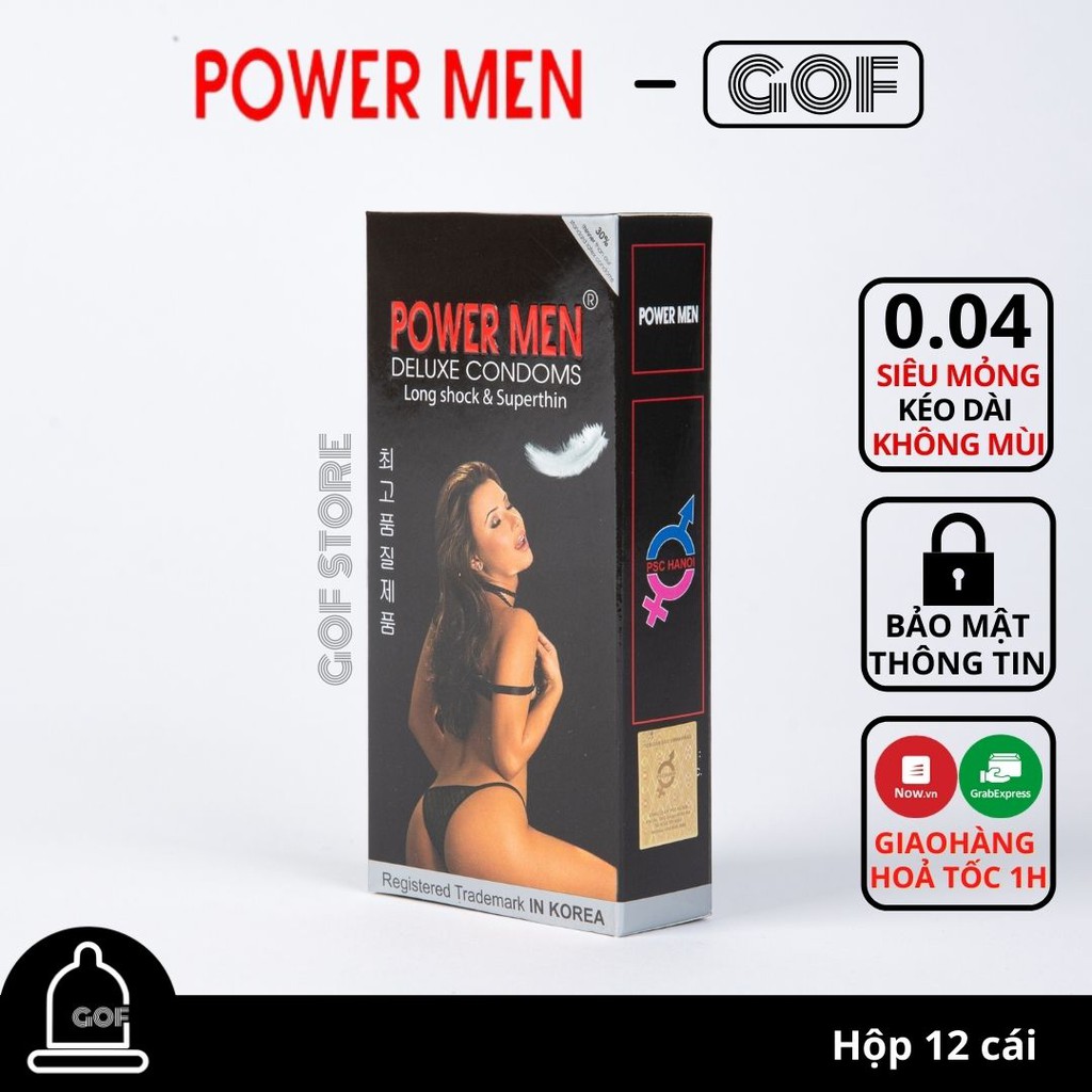 Bao cao su chống xuất tinh sớm Power men siêu mỏng longshock &amp; superthin Hộp 12 bao- Chính Hãng - GoF Store