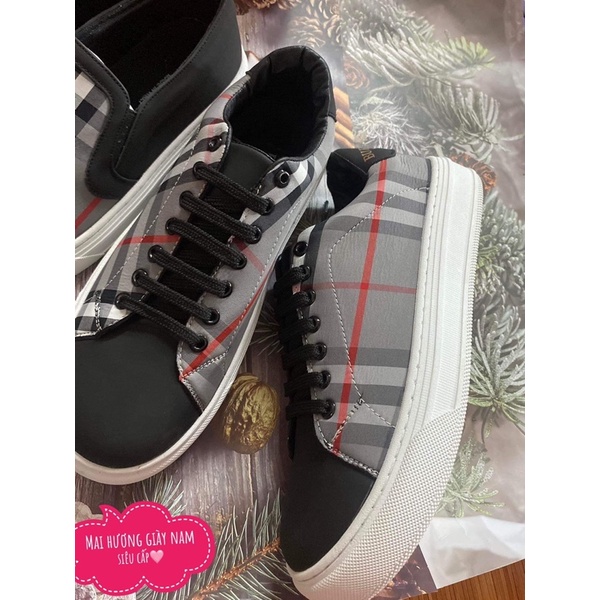 Giày burberry buộc dây kẻ đen , giày lười slipon burberry kẻ đế cao su kèm hộp