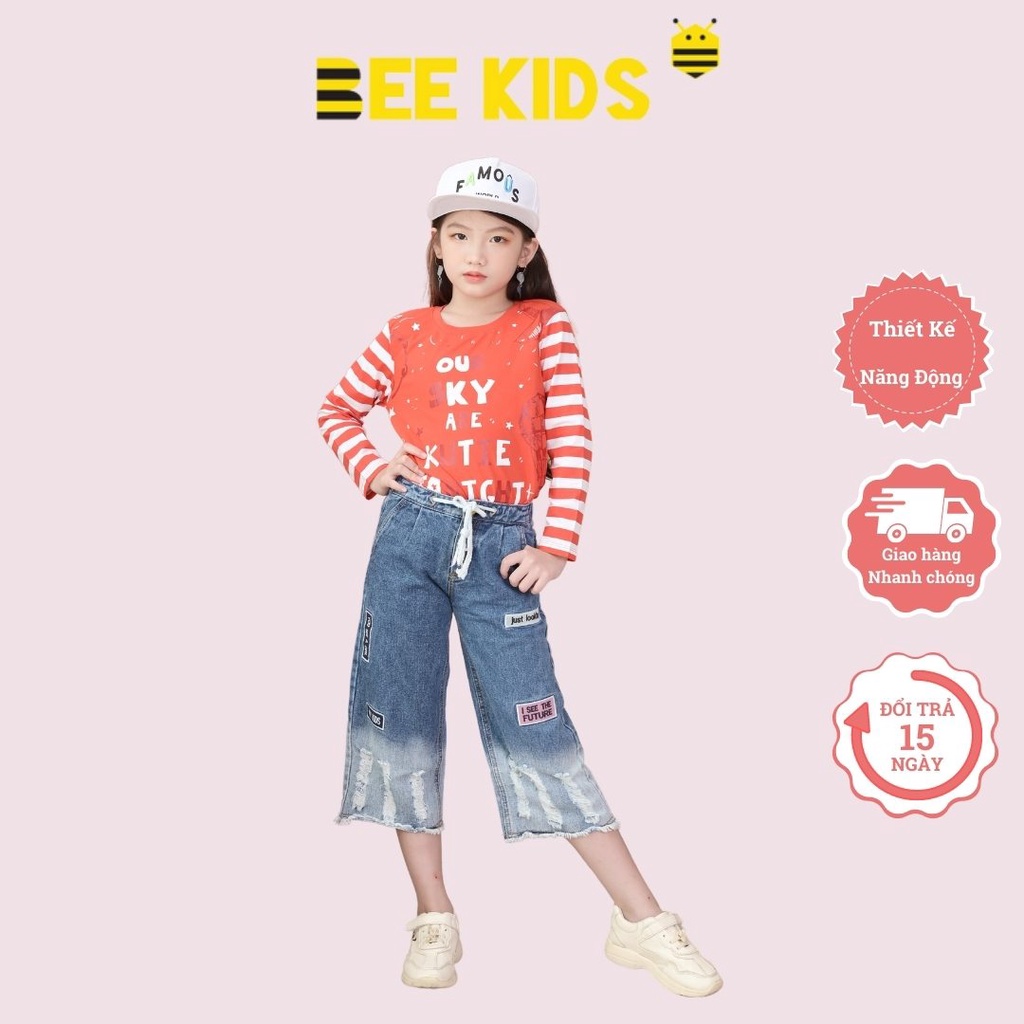 Quần jean bé gái từ 4-11 tuổi BEEKIDS thiết kế lửng, ống rộng thoải mái 7QJ00553LX