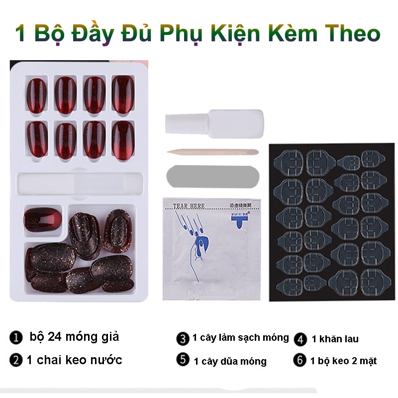 Hộp 24 Móng giả Premium, nail giả, Kèm keo khô và keo nước, Cây dũa (24-05)