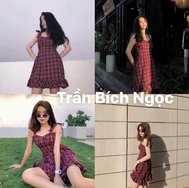 ĐẦM MARIKO CARO - ĐẦM 2 DÂY CARO ĐỎ SIÊU XINH