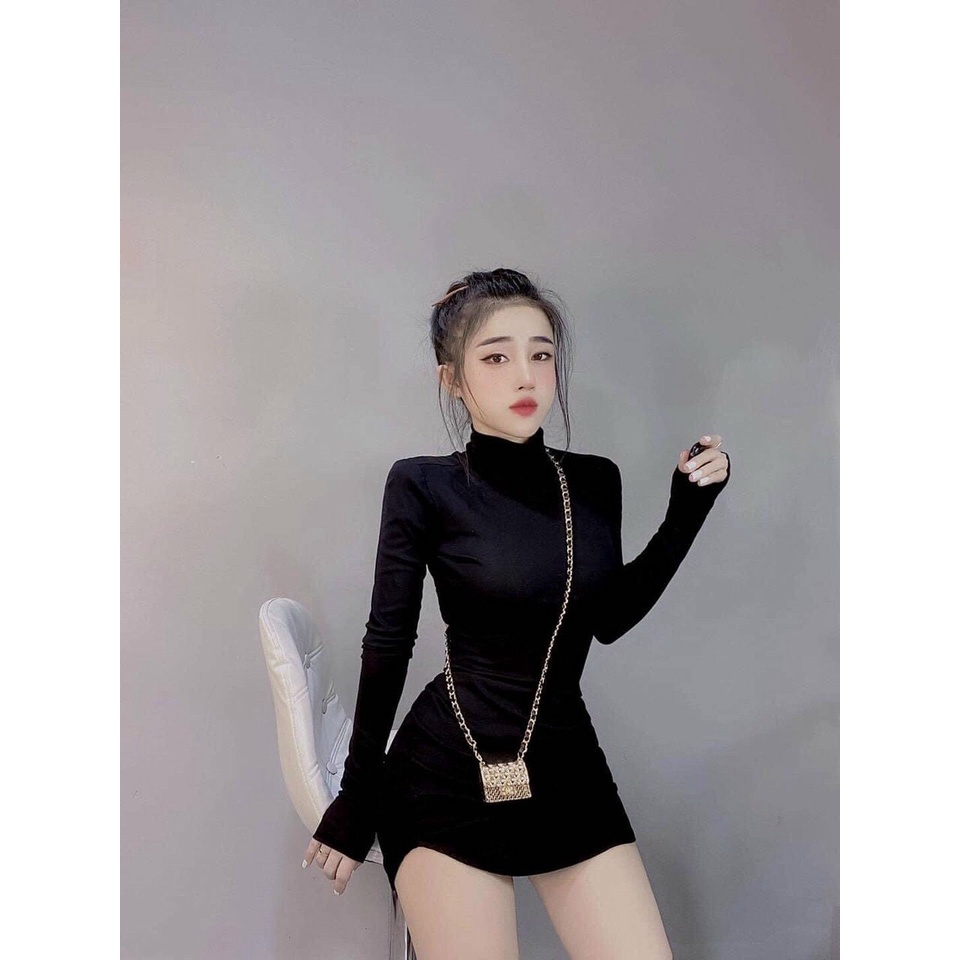 ( MIỄN PHÍ SHIP 2022) Đầm bodycon tay dài, váy ôm màu đen cổ lọ, đầm thun gân nữ hở lưng ôm tôn dáng sang chảnh