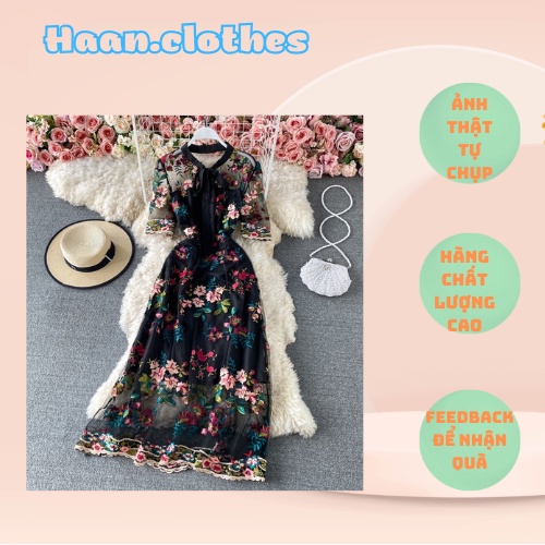 Đầm tay dài dáng suông thêu hoa mix ren 2 màu có size