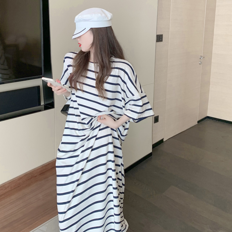 Đầm Thun Tay Ngắn Dáng Dài Xẻ Tà Họa Tiết Kẻ Sọc Plus Size Phong Cách Hàn Quốc Thời Trang Mùa Hè Cho Nữ