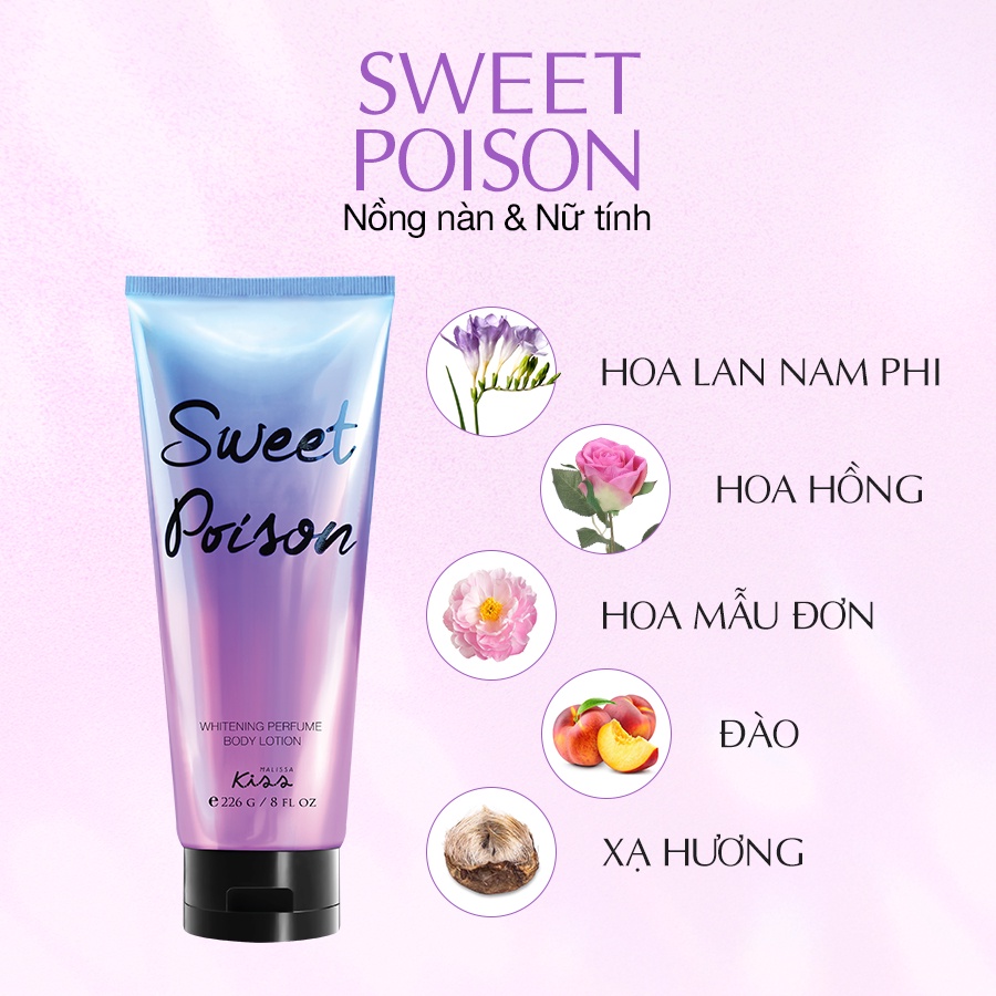 Sữa Dưỡng Trắng Da Toàn Thân Hương Nước Hoa Malissa Kiss Hương Sweet Poison 226g