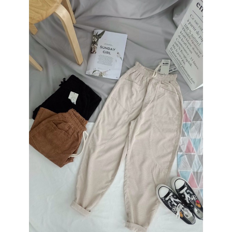 Quần baggy nhung lưng thun màu tây | BigBuy360 - bigbuy360.vn