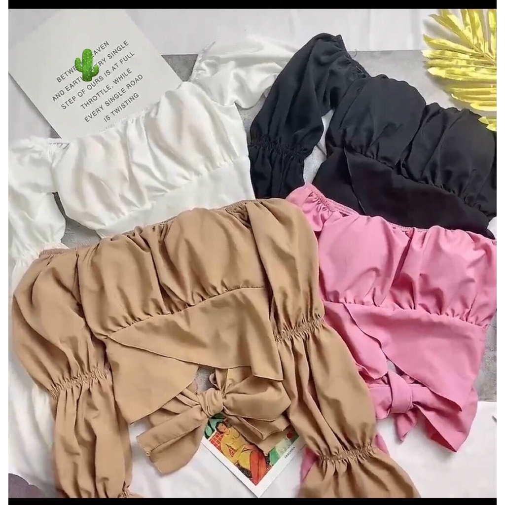 Áo croptop cổ vuông tay nhún, cột nơ sau lưng siêu cute