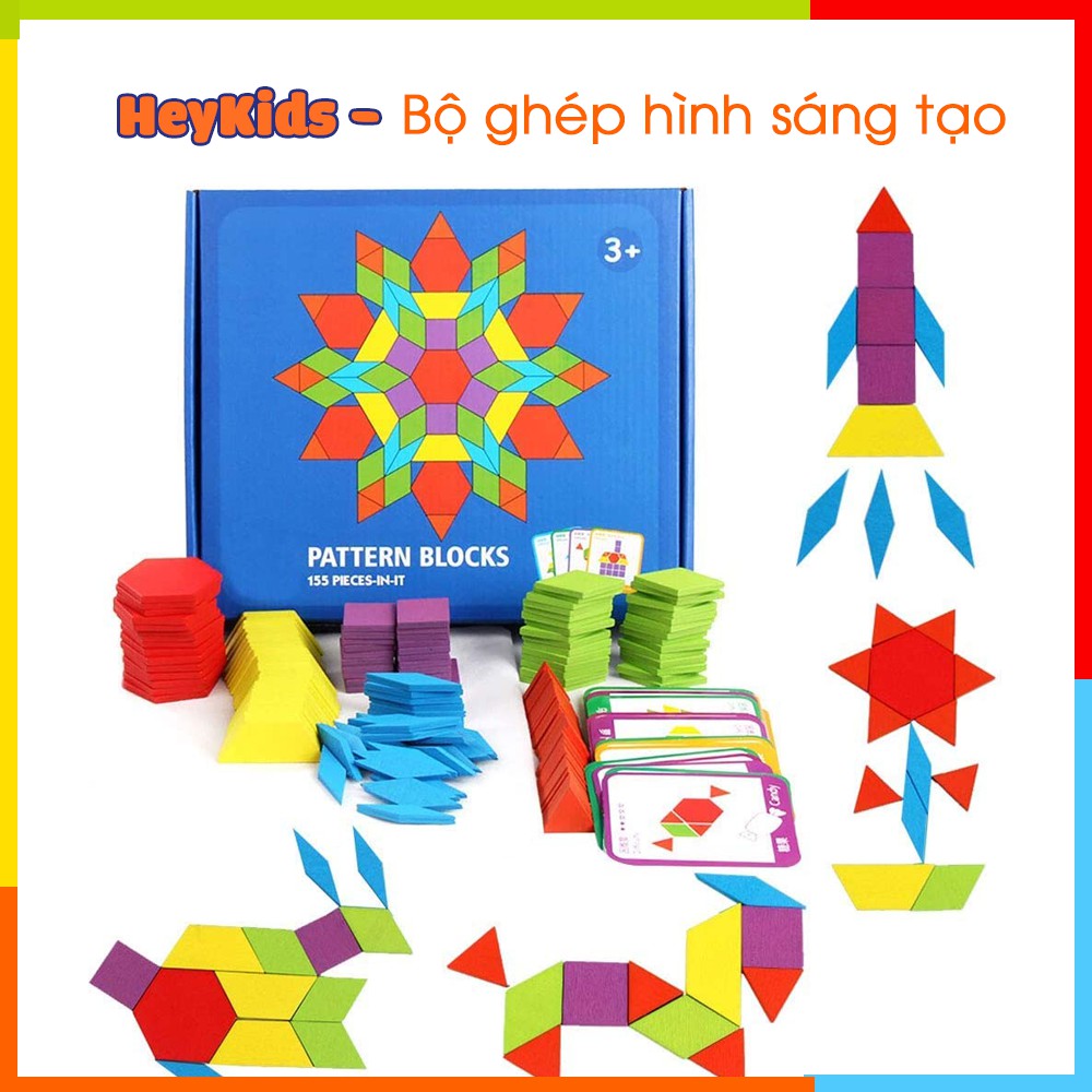 Bộ Ghép Hình Sáng Tạo Pattern Block 155 Chi Tiết, đồ chơi gỗ, giáo cụ montessori, dành cho bé từ 3 tuổi trở lên