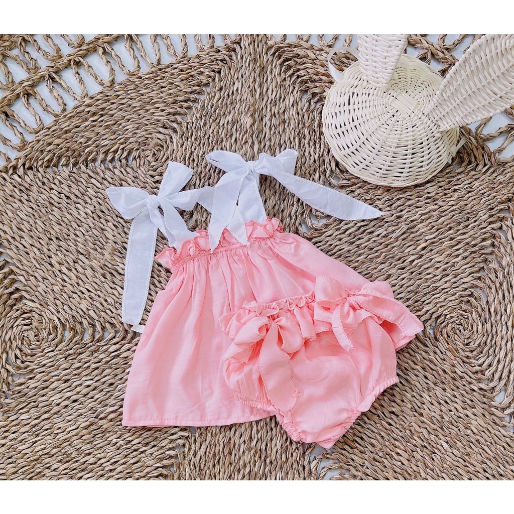 Bộ bé gái, set bộ hồng áo 2 dây bản to kèm quần chip nơ xinh cho bé
