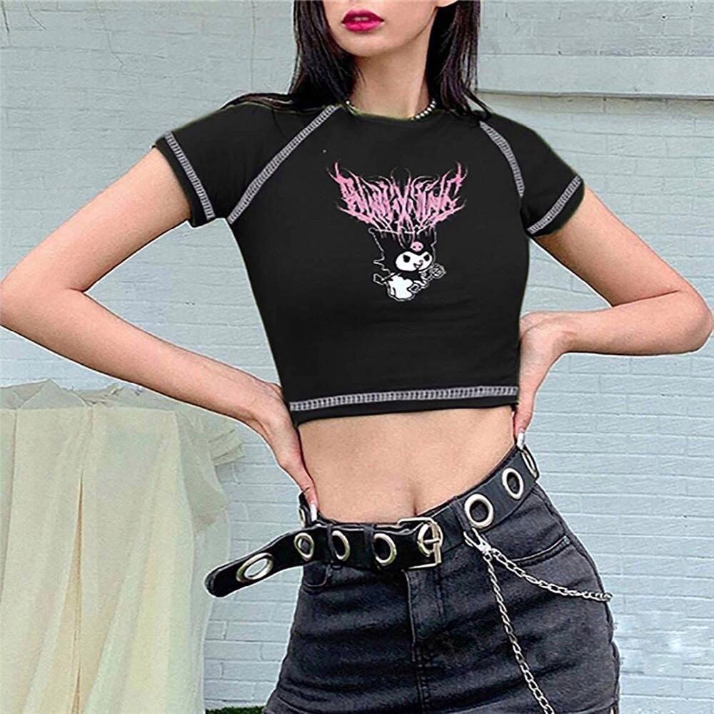 Áo Croptop Cổ Tròn Tay Ngắn Viền Chỉ In Hình Quỷ Siêu Ngầu