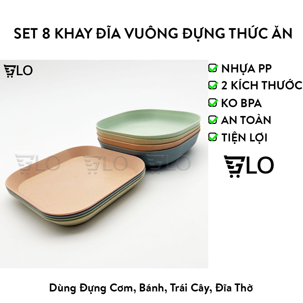 Set 8 Khay Đĩa Vuông Đựng Thức Ăn Màu Pastel Gồm 2 Cỡ Chất Liệu Nhựa Lúa Mạch Nhựa PP Thực Phẩm