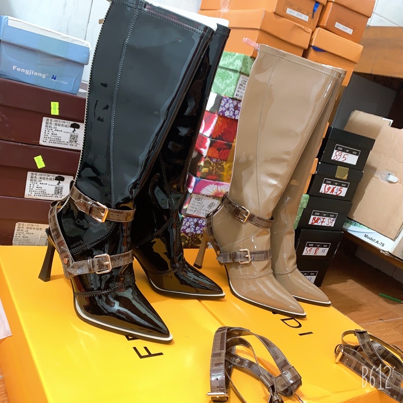boot nữ bốt cổ cao gót nhọn mũi fendi da bóng thời trang boots gối lửng (fullbox loại 1)