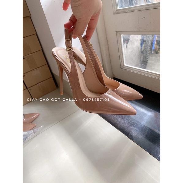 giày nude bít mũi dây quai hậu hở gót cao 9-11-12cm - giày cao gót Calla >