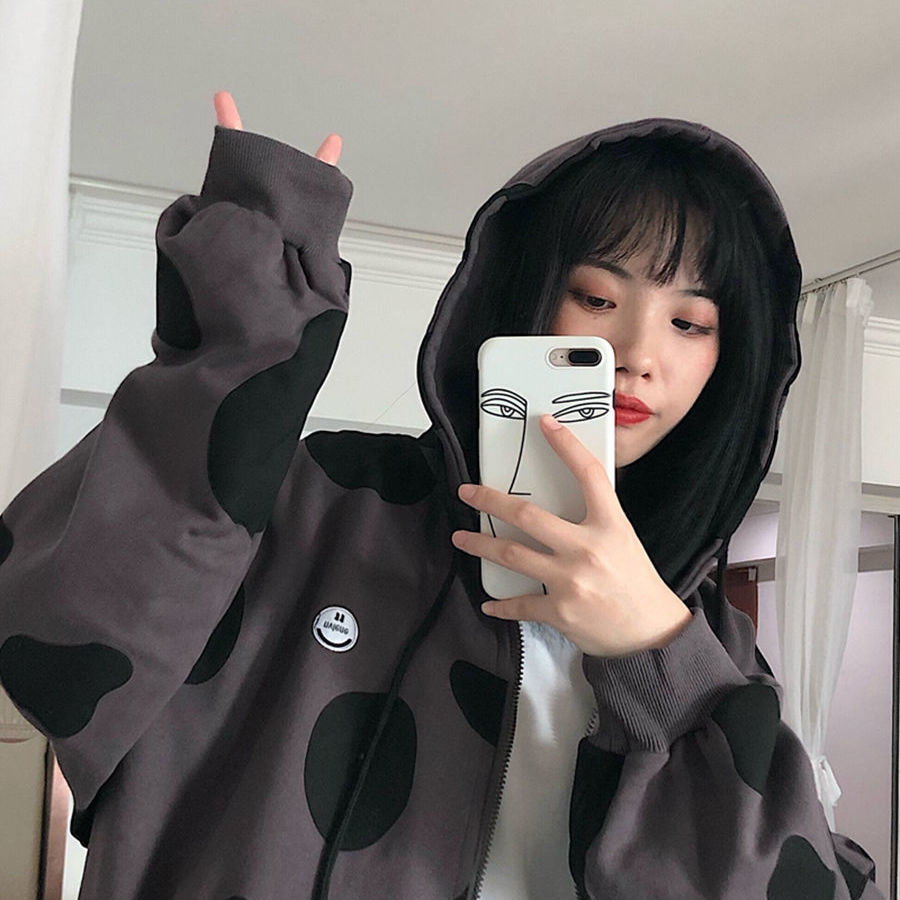 Áo hoodie in họa tiết da bò sữa có khóa kéo trẻ trung thời trang mùa thu Hàn Quốc | BigBuy360 - bigbuy360.vn