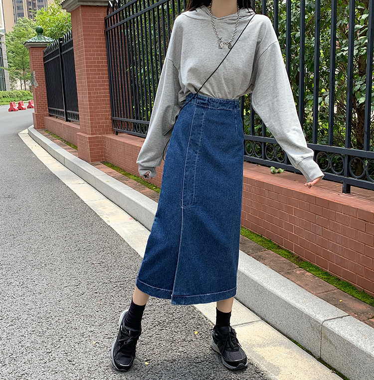 Chân váy jean dài cạp cao xẻ tà thời trang 36975