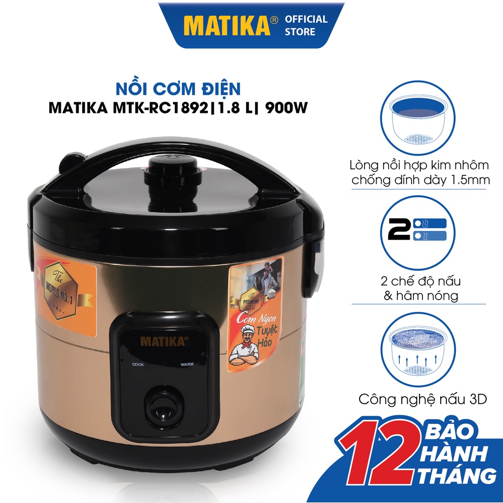 [Mã ELHADEV giảm 4% đơn 300K] Nồi Cơm Điện MATIKA 1.8L MTK-RC1892