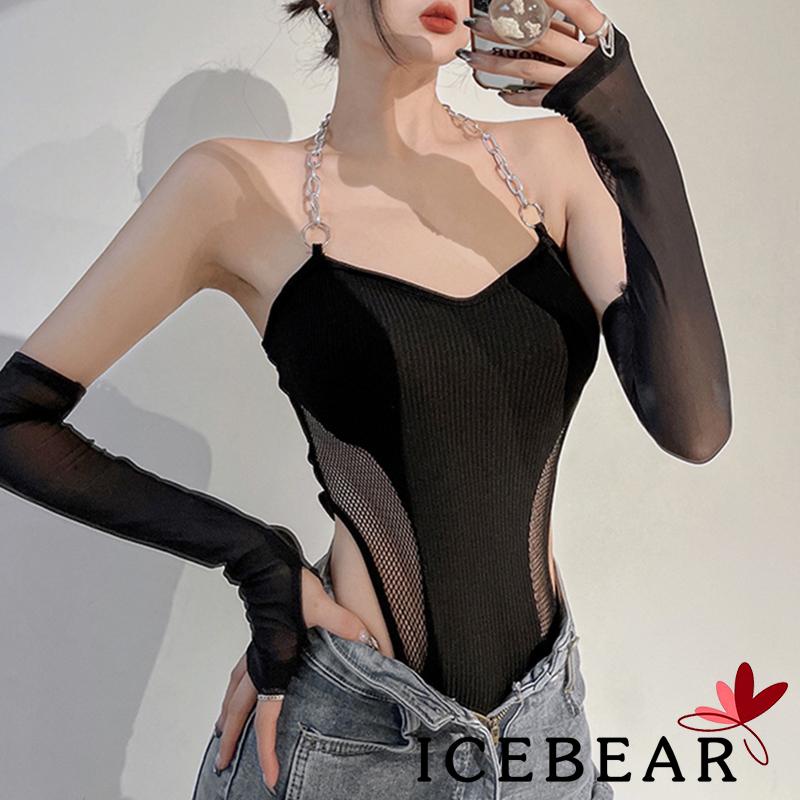 Set Áo Liền Quần Lưới Phối Dây Xích + Tay Áo Màu Đen Thời Trang Quyến Rũ Cho Nữ