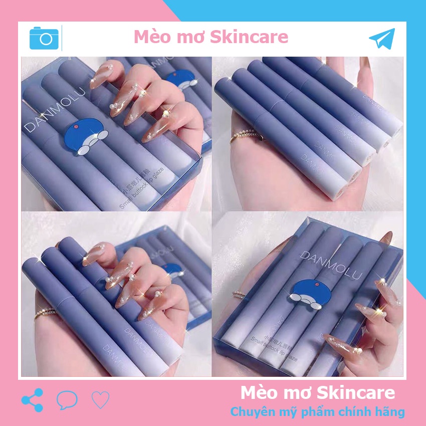 Son môi lì dành cho học sinh giá rẻ dưỡng môi nội địa trung set 5 cây son xanh Danmolu Meomoskincare