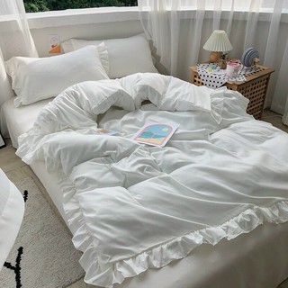 Bộ Chăn Ga Gối Cotton Hoạt Tính Viền Bèo Màu Trắng