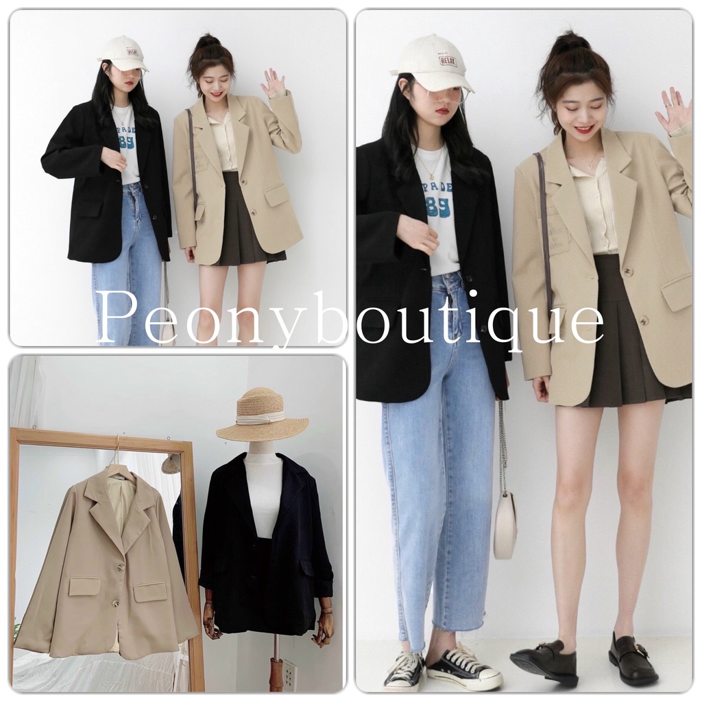 Áo Khoác Blazer Dáng Dài PEONYB Nữ [FREESHIP]  Jacket khaki form rộng màu ĐEN | BE phong cách cá tính Ulzzang