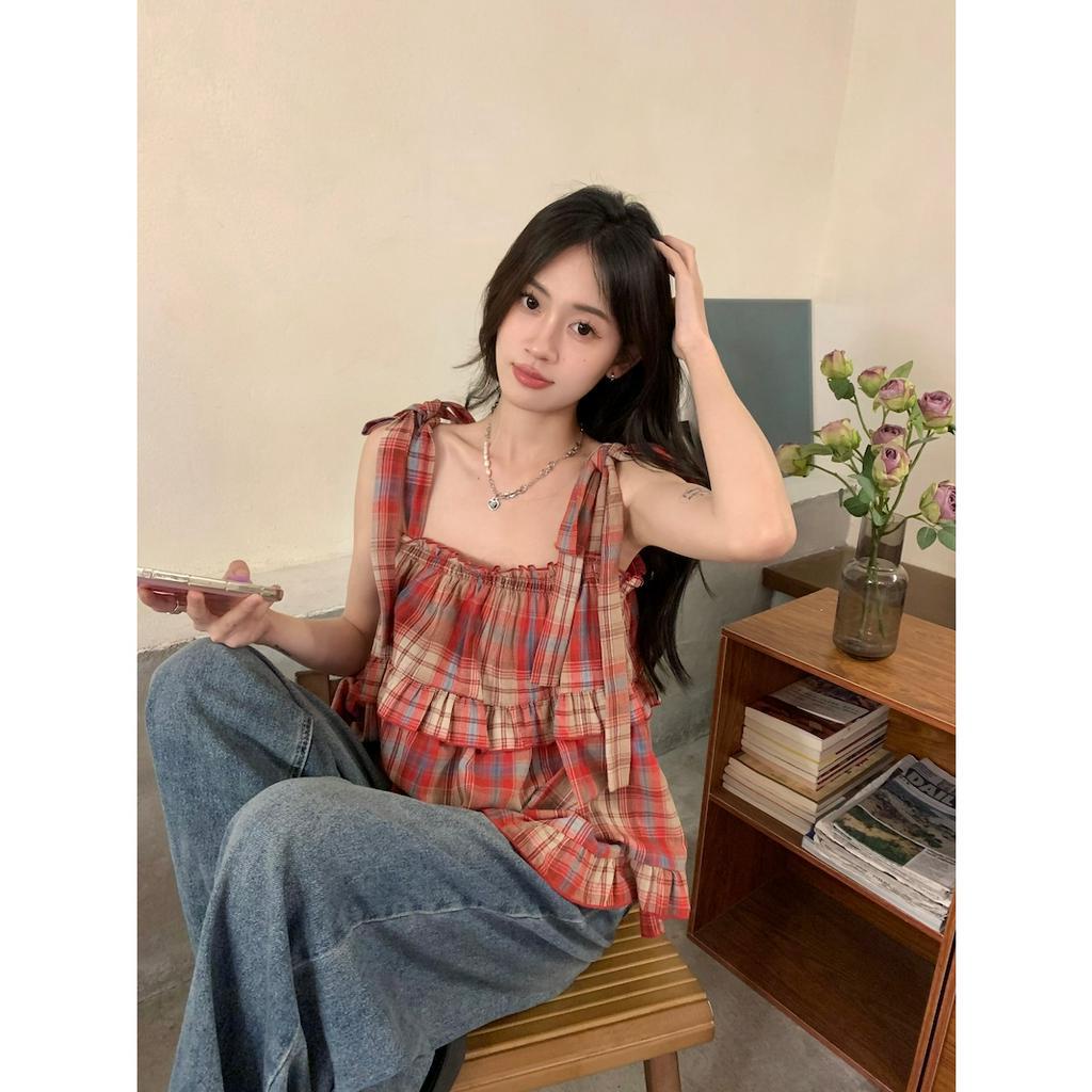 QADCOL Áo Hai Dây Dáng Rộng Họa Tiết Sọc Caro Phong Cách retro Thời Trang Mùa Hè Cho Nữ