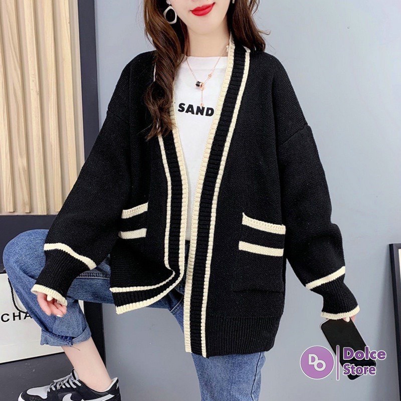 Áo Cardigan Len Nữ Dày Sọc Đen Trắng Có Túi, Cadigan Kẻ Kim Cương Ulzzang Hàn Quốc / shop hường khểnh