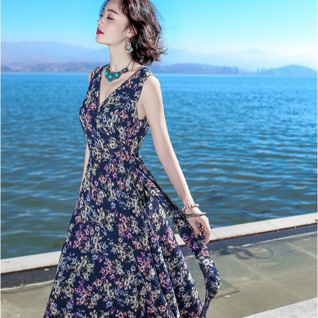 Đầm Chữ A Dáng Rộng Không Tay Cổ Chữ V In Họa Tiết Hoa Phong Cách Bohemian Dành Cho Nữ