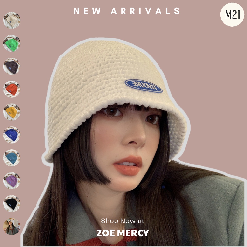 -🍊 Mũ nón len chenille dệt kim đính nhãn chữ giữ ấm mùa đông phong cách Ulzzang