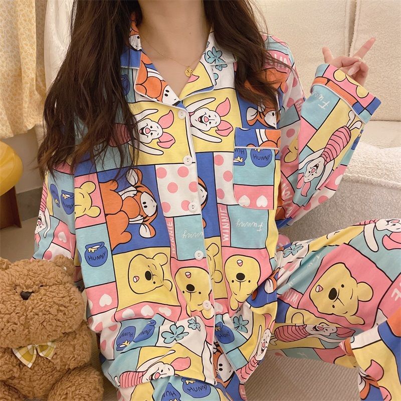 Bộ Đồ Ngủ Tay Dài Dáng Rộng In Hoạt Hình Gấu Pooh Kiểu Nhật Bản Thời Trang Mùa Thu Cho Nữ