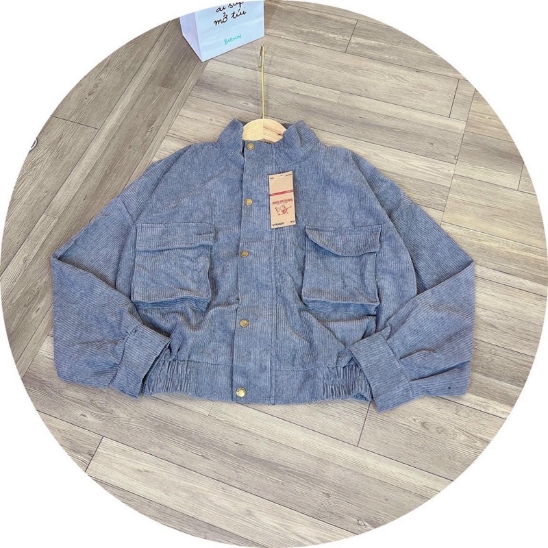 Áo khoác lửng croptop kaki nhung gân 1 lớp không nón túi hộp nút bấm unisex ulzzang nam nữ