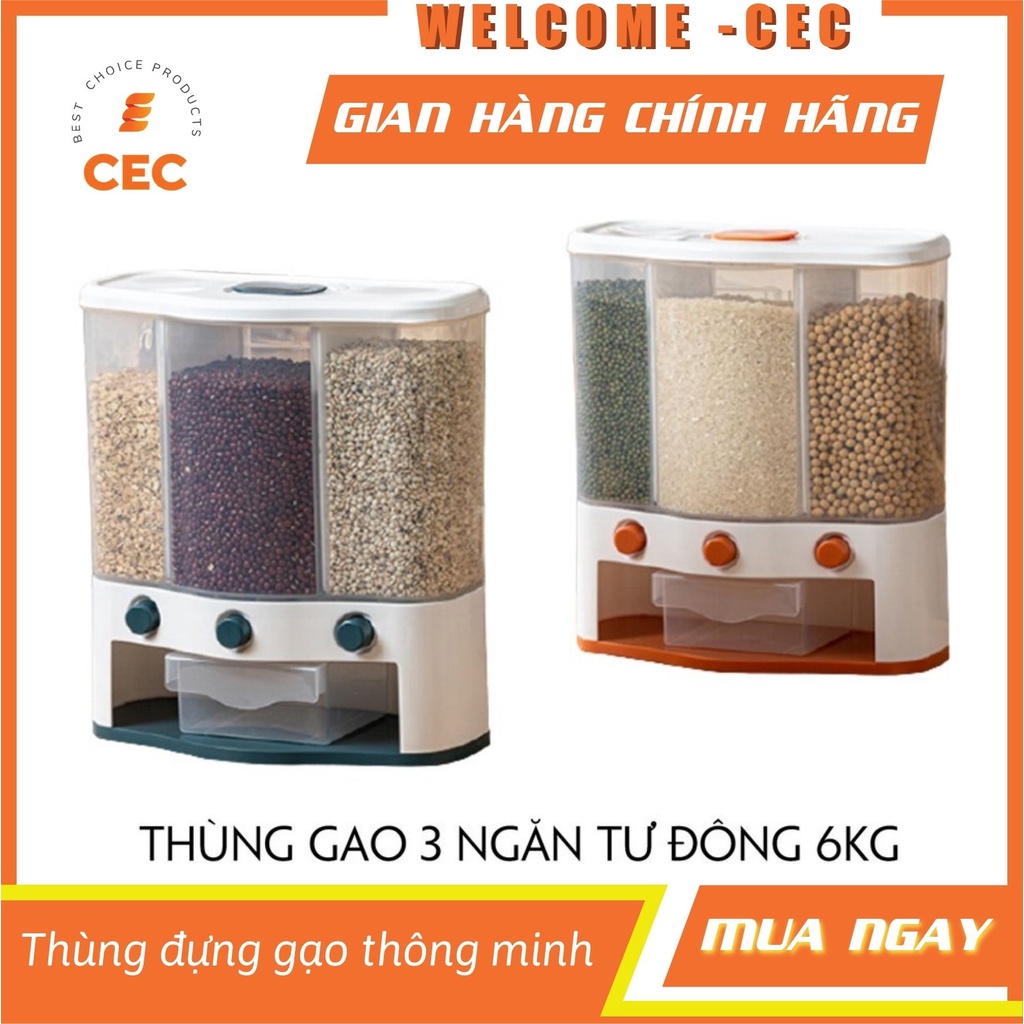 Thùng đựng gạo ngũ cốc, thùng 6 lít có 3 ngăn tháo lắp dễ dàng và nút bấm tự động rơi hạt xuống khay TDG15 - Welcome CEC