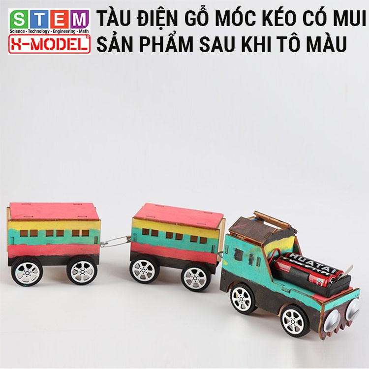 Xe đồ chơi STEM Tàu điện gỗ có móc kéo X-MODEL cho bé, Đồ chơi sáng tạo cho bé DIY| Giáo dục STEM, STEAM