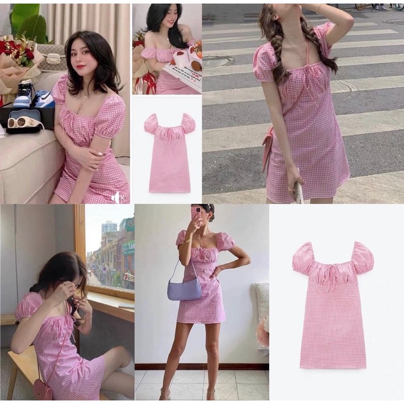 [FREESHIP - HÀNG LOẠI 1] VÁY KẺ HỒNG CỔ VUÔNG SIÊU XINH | BigBuy360 - bigbuy360.vn