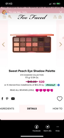 Bảng mắt too faced peach mùi đào thơm nức( có sẵn)