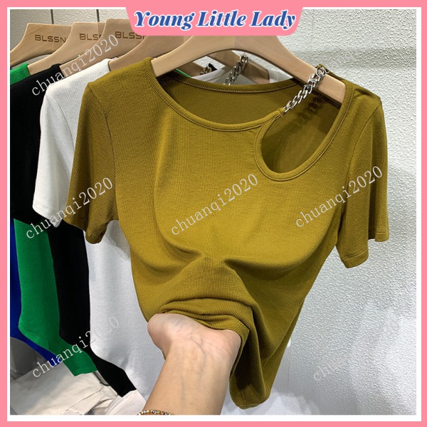 Irregular Klein Blue Short-Sleeved T-shirt Women's Design Sense Niche New Style Short Summer Collarbone Hollow Top Fashion