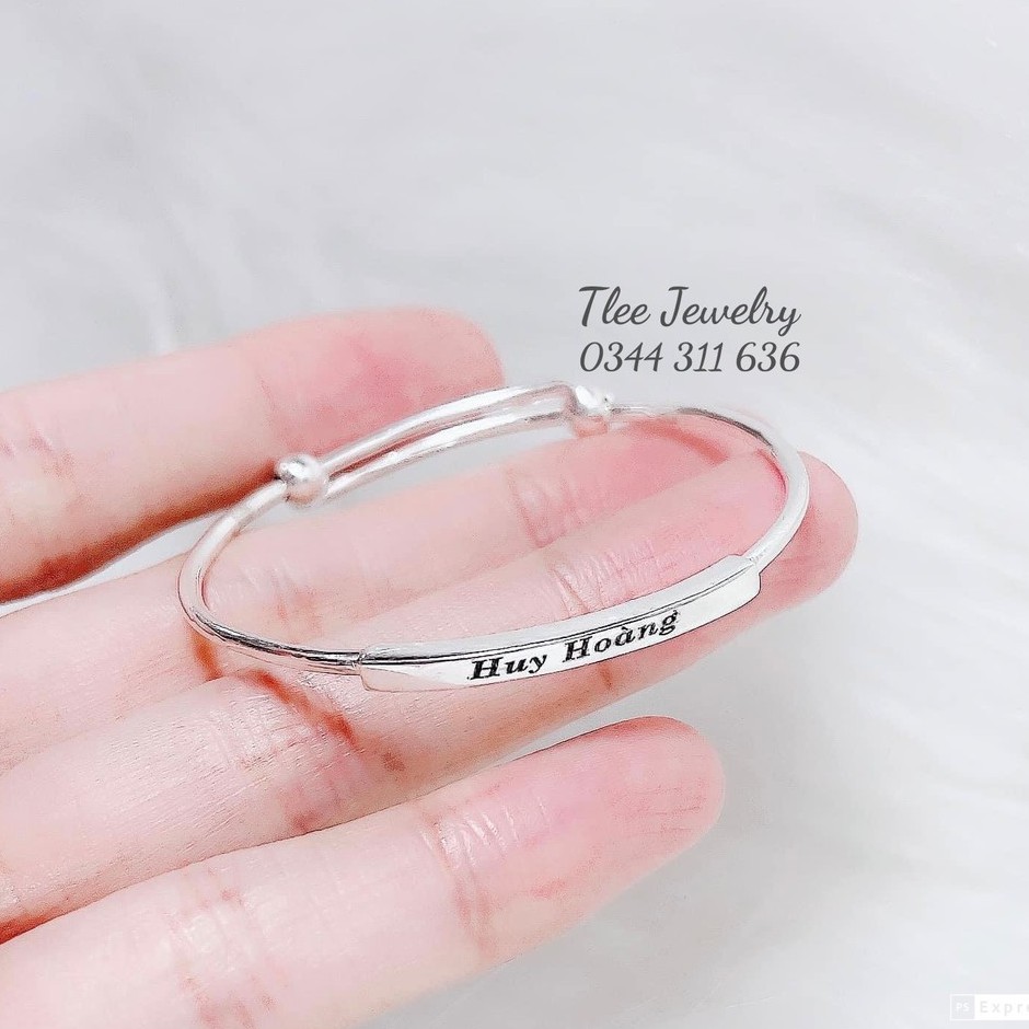Vòng tay bạc Tlee, Kiềng cứng mặt bản vuông bạc 990 chỉnh size khắc laser Free theo yêu cầu- TleeJewelry