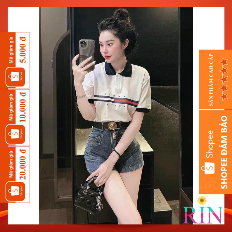[HÌNH THẬT] ÁO THUN CỔ TRỤ TOMMY TRẮNG CỔ XANH VNXK   - COTTON CÁ SẤU 100%