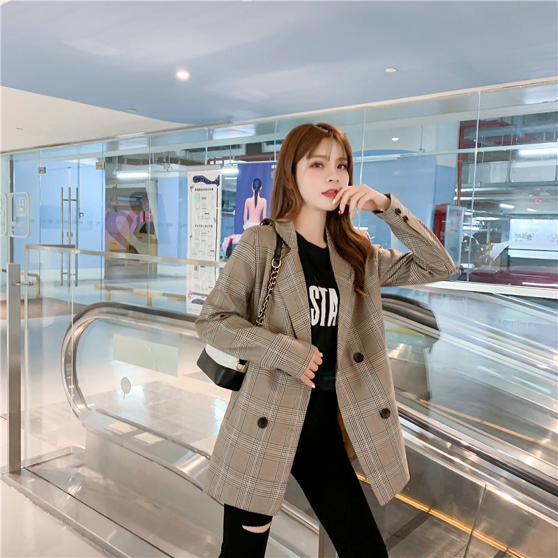 ÁO BLAZER KẺ NÂU TÚI ĐỨNG KIỂU DÁNG HÀN QUỐC, BLAZER KẺ NỮ KHOÁC NGOÀI 2 LỚP