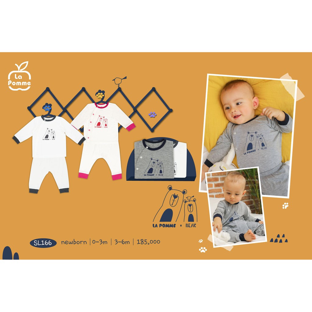 Bộ q.a dài tay cúc chéo sơ sinh hai bé gấu mềm mịn cao cấp bé trai bé gái La Pomme SL166