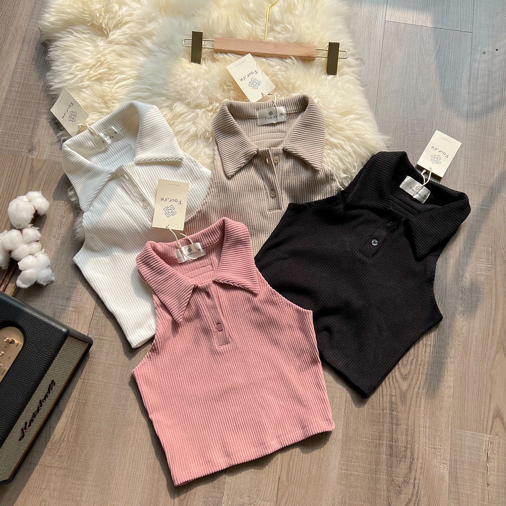 Áo thun sơ mi nữ trơn hàn quốc, 3 lỗ polo form croptop tay ngắn ôm body Four Studio A21
