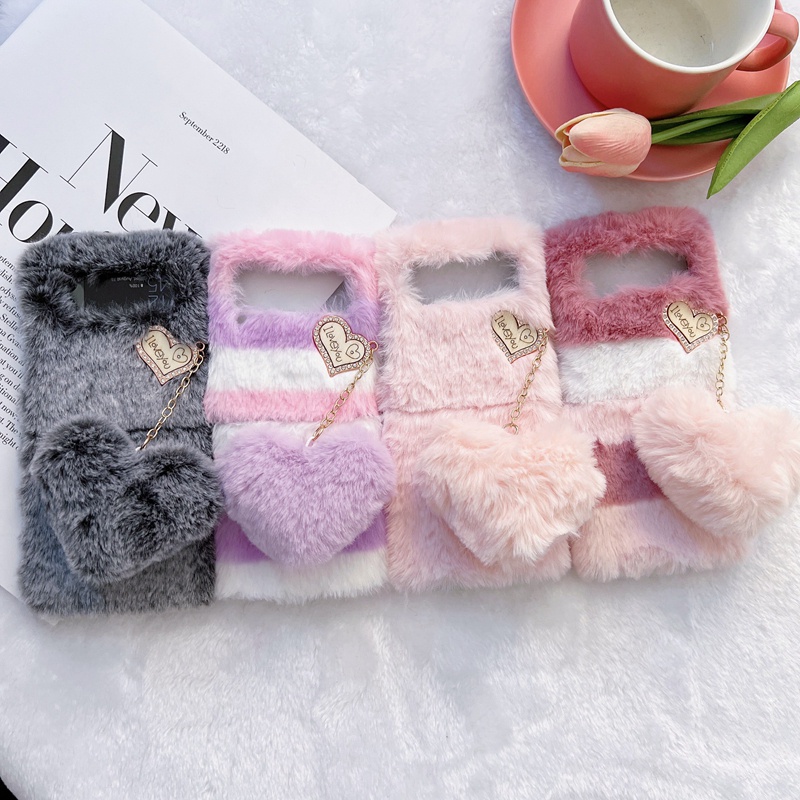 Bao Da Điện Thoại Gắn Hình Trái Tim 3d Bằng Vải Lông Xù Êm Ái Ấm Áp Cho samsung z flip 3 flip4 galaxy Zflip