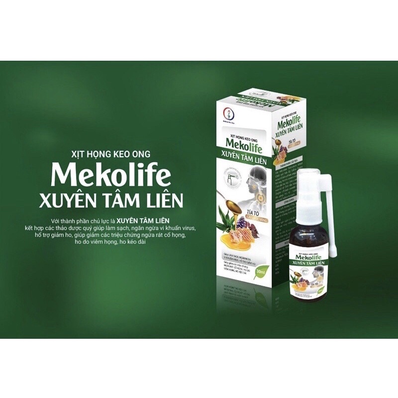 Xịt họng keo ong Mekolife Xuyên Tâm Liên (Chai 30ml) hỗ trợ làm sạch khoan miệng giảm đau họng, giảm ho