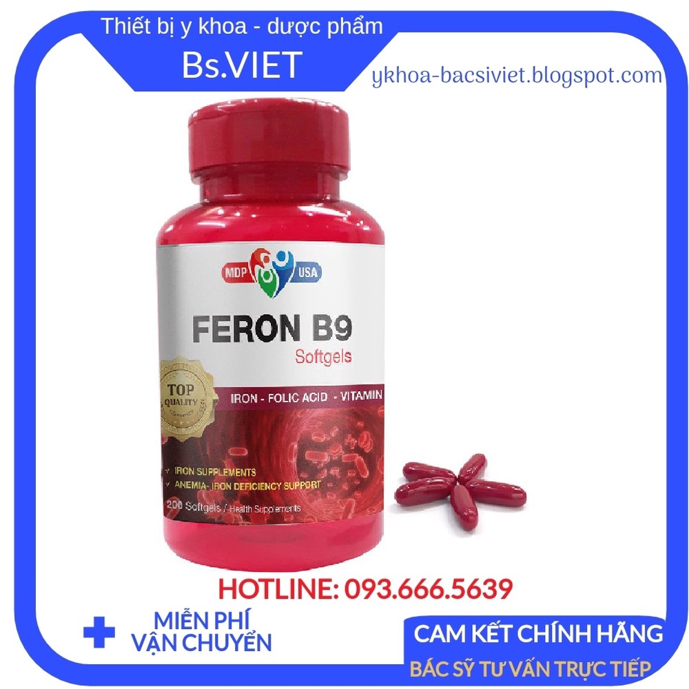 Feron B9 Mediphar Usa Lọ 200 viên nang mềm chính hãng- Thực phẩm bổ sung sắt và vitamin tạo máu cho phụ nữ mang thai