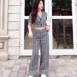 💋💋  SET ÁO CROPTOP KẺ CỔ VEST + QUẦN CARO XÁM ỐNG SUÔNG HOT - SET ÁO KÈM QUẦN