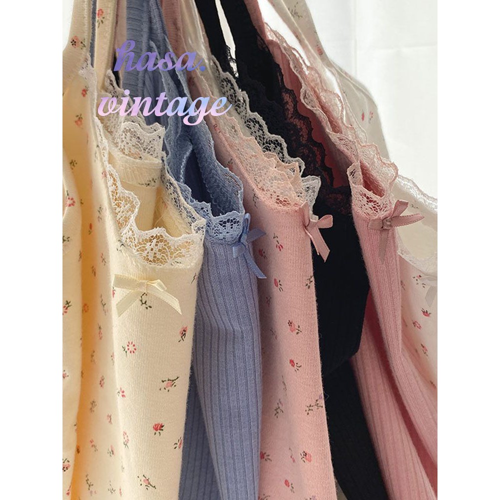 🌿 Áo cami 2 dây croptop cổ chữ V viền ren hoa nhí thun tăm ulzzang 🔥