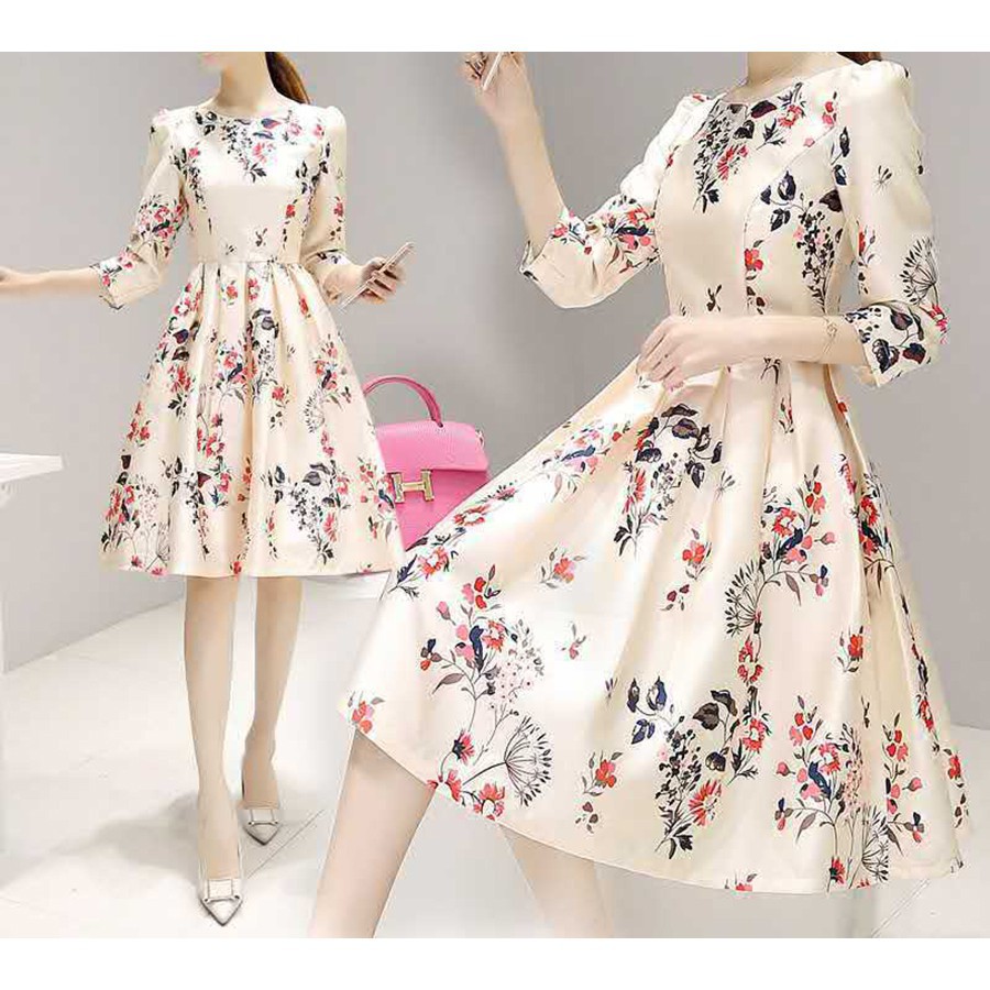 Đầm xòe ôm eo tay lỡ in hoa thanh lịch | BigBuy360 - bigbuy360.vn